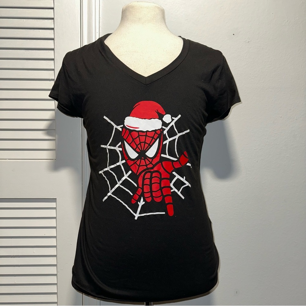 Women’s Spider-Man w/Santa Hat V Neck T Shirt